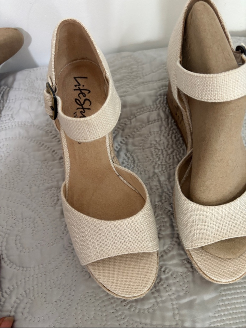 Canvas Ankle-Strap Wedge Sandals - Cream